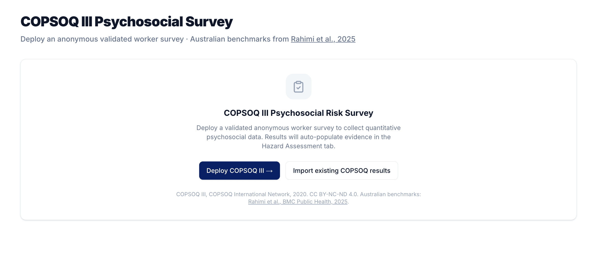PsychProof COPSOQ psychosocial survey interface