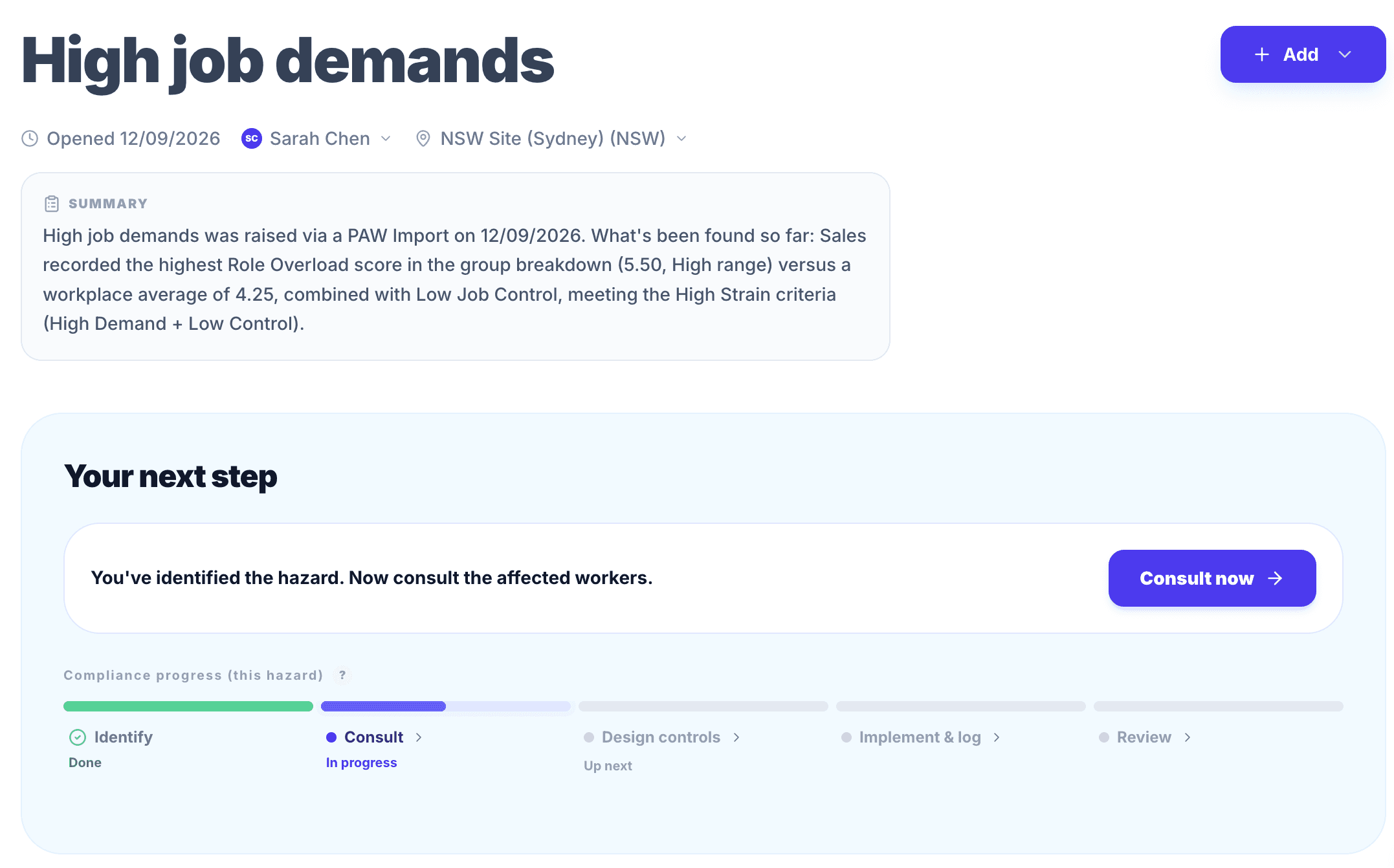 The same finding as a live PsychProof case, with a next-step action and a 5-stage compliance progress tracker