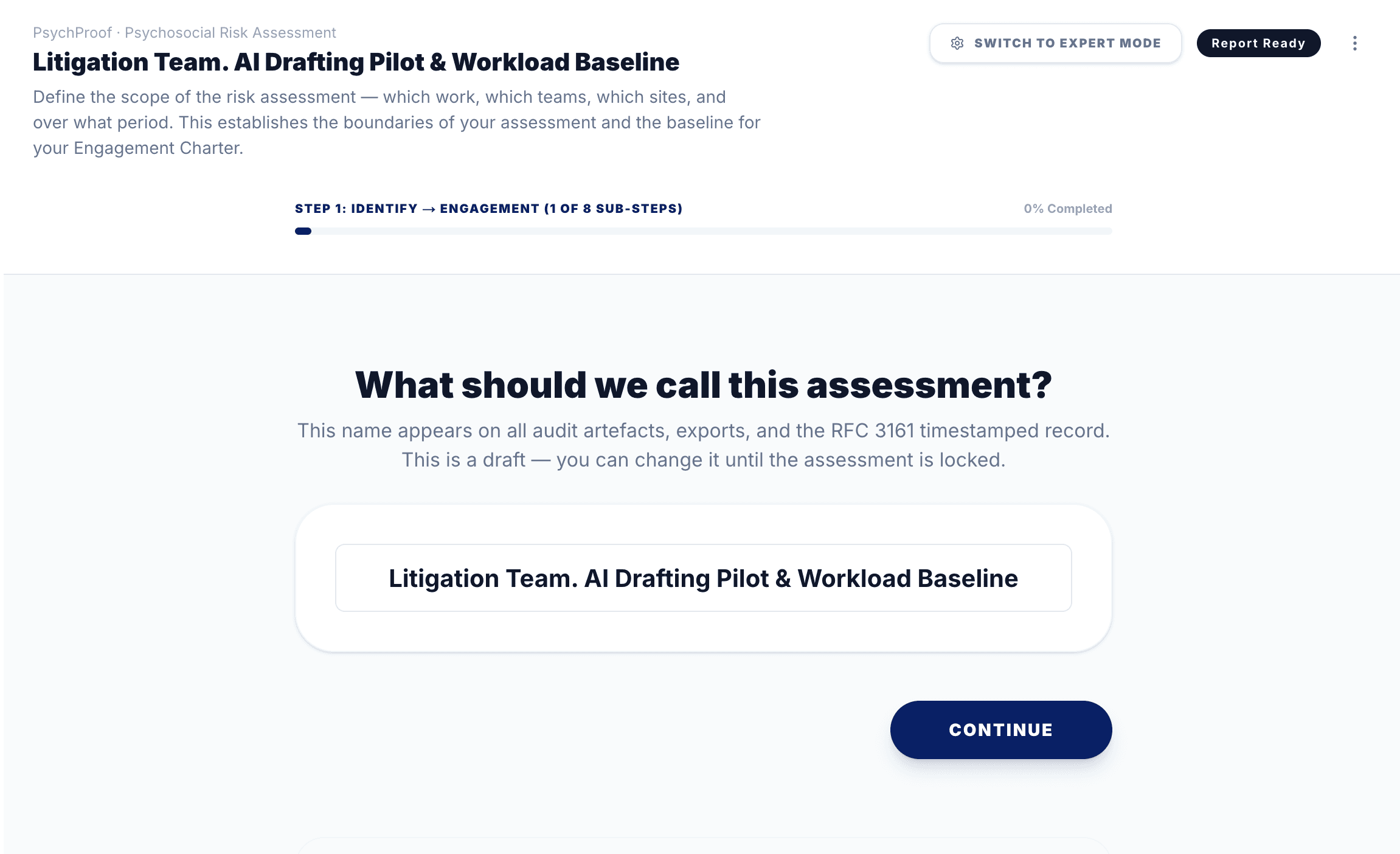 Guided mode screen asking 'What should we call this assessment?' with a step 1 of 8 progress indicator.